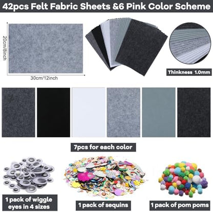 42Pcs Black Gray Fabric Sheets 8 x 12 Inch Assorted Soft Black Gray White Thick Felt Pack with Wiggle Google Eyes Pom Poms Glitter Patchwork Craft Supply for DlY Sewing Creative Art Project Decor - Image 2