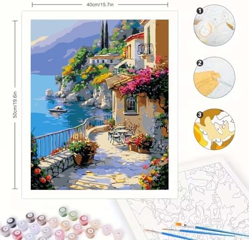 GEMOUJ Paint by Numbers Kits for Adult,Scenery Paint by Numbers Kit for Seaside Town, DIY Acrylic Painting on Canvas for Adult, Home Wall Decor 16 x 20 inch - Image 6