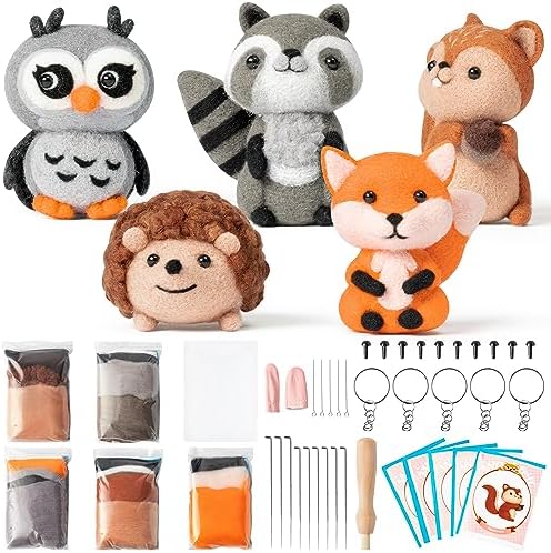 WATINC Needle Felting Kit - 5 Set Unique Different Cute Doll Wool Felt Needle Tools Foam Pad Instruction, DIY Home Decoration Craft Party Supplies for Art Work Starter Beginners (Woodland Animal) by WATINC