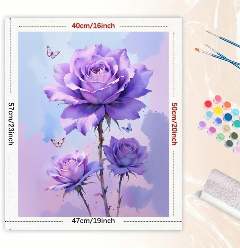 Botanical Paint by Numbers Kit for Adults - DIY Purple Rose Flowers with Butterflies Painting Rolled on Canvas 16x20 Inches, Acrylic Paint Set for Beginners, Art for Home Decoration or Gifts - Image 3