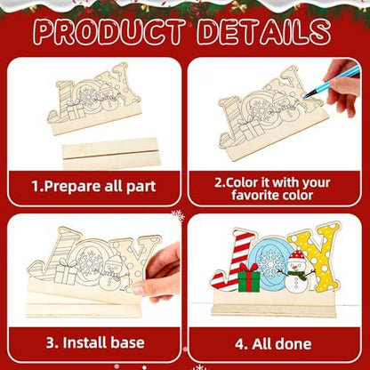 Yuntau 24 Pcs Color Your Own Christmas Table Crafts Decorations Merry Christmas DIY Paint Wooden Table Centerpiece Signs Unfinished Holiday Desktop Decor for Xmas Holiday Party Gifts Favors - Image 3