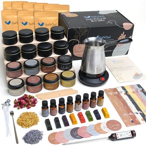 SoftOwl Premium Soy Candle Making Kit - Black Edition - Full Set with Electric Melter - Soy Wax, Big 16 Tins, 8 Pleasant Scents, 8x2 Color Dyes & More - Perfect as Home Decorations by SoftOwl