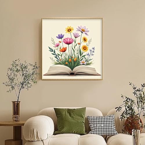 Camocin Framed Paint by Numbers Kit for Adults Beginner - Book and Wildflowers Paint by Number Canvas with Frame, Cottagecore DIY Acrylic Painting Kit for Book Lovers Home Wall Decor 12x12 Inch - Image 2