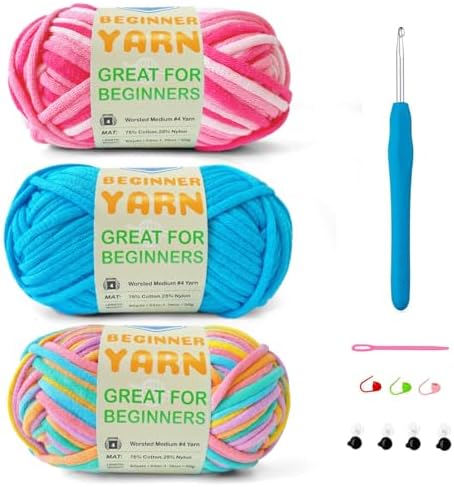 Easy Yarn for Beginner - Crocheting and Knitting Yarn |3 * 1.76oz/60yds; Easy-to-See Stitches; Worsted-Weight Medium #4; Cotton Blend; Amigurumi Crochet Kit(Petal+Blue+Merry Pink) by SIXLAMB
