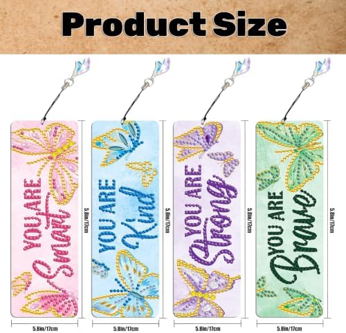 CRZMODE 4 Pack Butterfly Diamond Art Bookmarks, Special Shaped Diamond Painting Bookmarks with Pendant, DIY Butterfly Diamond Art with Tassels Crafts Gifts Supplies - Image 2