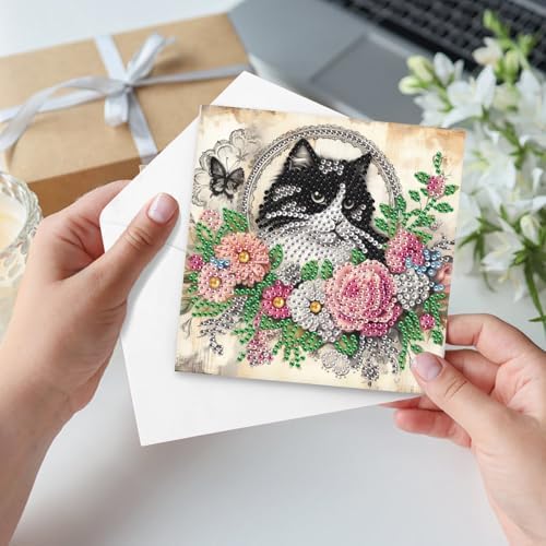 6pcs Diamond Art Painting Greeting Card, DIY Cat and Flower Diamond Art Greeting Cards for Blessings and Wishes Special Shaped Diamond Greeting Card Arts Crafts for Christmas Birthday Thanksgiving Day - Image 5