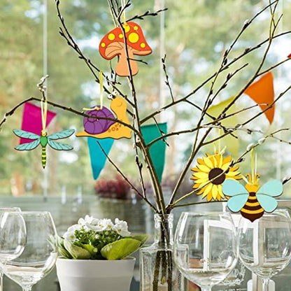 80PCS Wooden Spring Ornaments to Paint, 8 Styles DIY Blank Unfinished Wood Cutouts Ornament for Home Crafts Hanging Decorations, Insect Dragonfly Butterfly Snail Watering Can Mushroom Flower Shape - Image 3