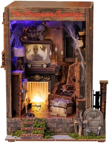Book Nook Kit,DIY 3D Wooden Miniature Dollhouse Kit Gifts for Adults,The Phantom Chamber Haunted House Booknook with LED Light by Luuwik