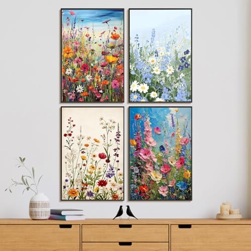 4 Pack Framed Paint by Numbers Kit for Adults Wildflowers with Wooden Easel - Image 2