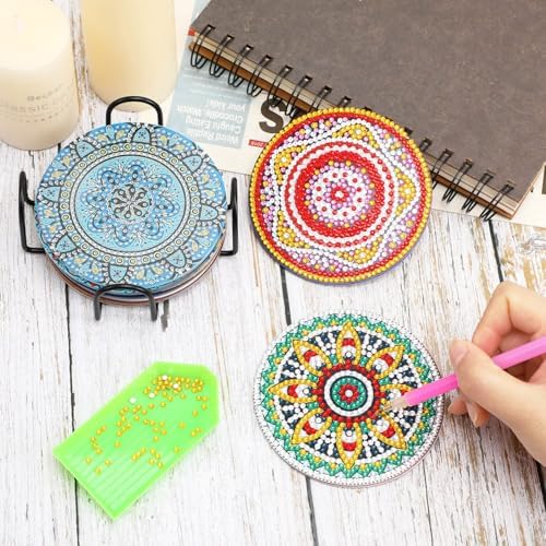 UPINS 8Pcs Mandala Diamond Art Painting Art Coasters Kits with Holder - Image 7