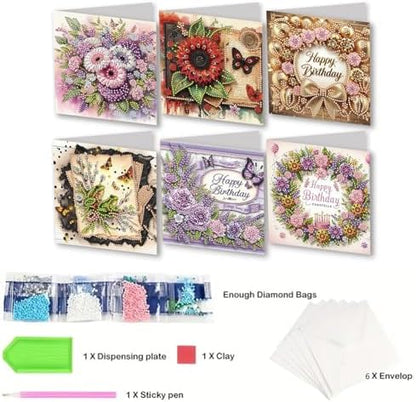 Ceitura 6Pcs DIY Diamond Art Painting Crafts Rhinestone Painting Greeting Card Making Kit Postcard for Holiday Christmas New Year Party Favors (Flower Birthday) - Image 6