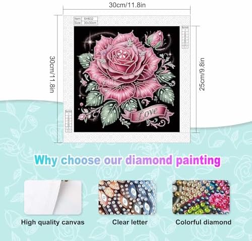 jinglinhh Pink Rose Flowers Special Shaped DIY Diamond Art Painting Kit for Adults Beginners, Partial Drill Crystal Rhinestone Gem Art Craft Home Wall Decor 30x30cm - Image 2