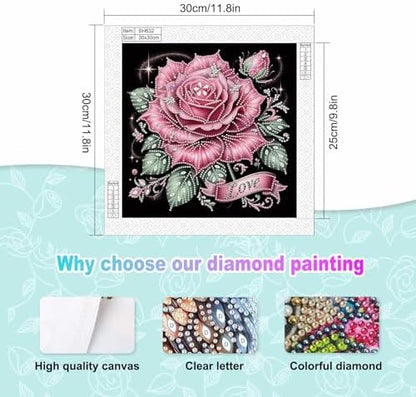 jinglinhh Pink Rose Flowers Special Shaped DIY Diamond Art Painting Kit for Adults Beginners, Partial Drill Crystal Rhinestone Gem Art Craft Home Wall Decor 30x30cm - Image 2
