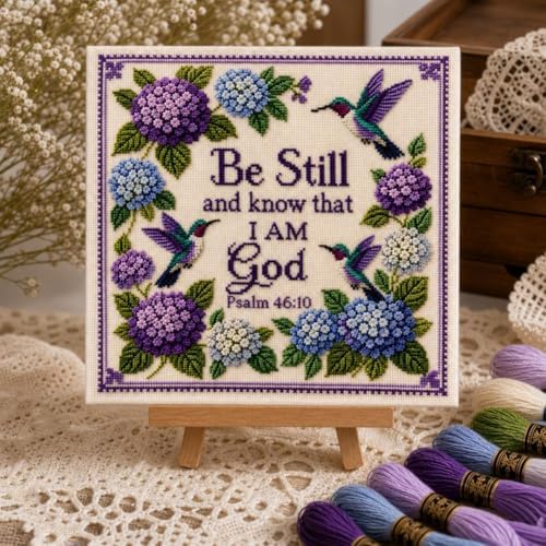 Hummingbird Garden Faith Cross Stitch Kit, Psalm 46:10 Be Still and Know Christian Embroidery Set | Premium Wool Yarn DIY Hand Stitch Craft for Adults Beginners, Religious Home Wall Decor Gift - Image 5