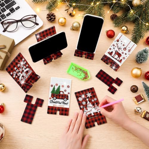 Saillong 6 Pcs Xmas Red Plaid Diamond Painting Phone Stand Full Drill - Image 3