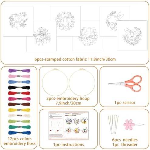 BEUNITONE 6 Set Hummingbird Starter Embroidery Kit with Pre-Stamped Pattern - Image 2
