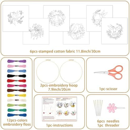 BEUNITONE 6 Set Hummingbird Starter Embroidery Kit with Pre-Stamped Pattern - Image 2