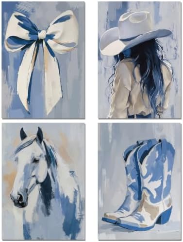sdfkmlcdl Blue Western Cowgirl Diamond Art Kits for Adults, Rustic Country Cowgirl Boots Horse Bow Full Drill Diamond Painting Kits for Adults Beginners 4 Pack, 12x16 Inch by Unknown