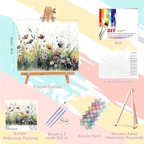 Flower Paint by Numbers for Adults with Framed Canvas - with Wooden Easel - Image 2