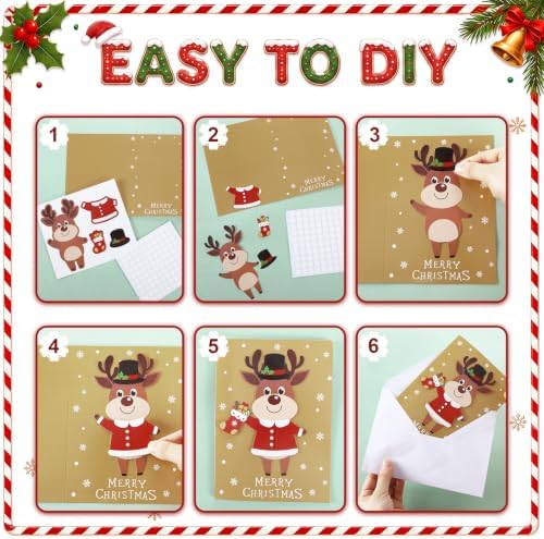 Dispowreath 24 Pcs DIY Christmas Card Making Kits with Envelopes DIY Christmas Craft Make Your Own Reindeer Greeting Card Making Supplies for Holiday Xmas Party Decoration Favor - Image 3