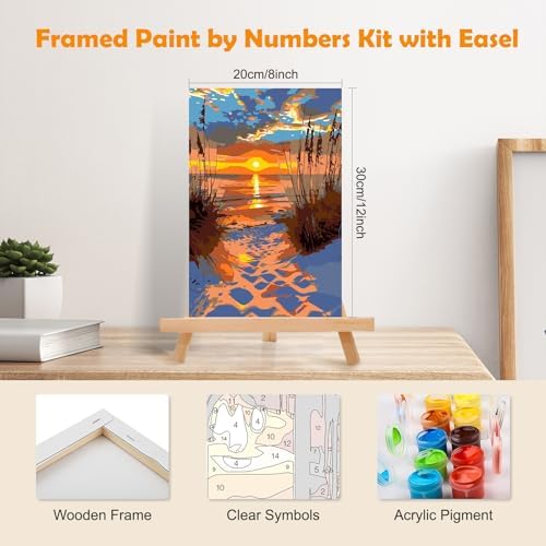 MOGTAA Landscape Paint by Numbers Kit for Adults Beginners with Frame, Beach Adult Paint by Number Kits on Canvas with Easel, Easy DIY Sunset Oil Painting Kits for Home Decor, 8x12in - Image 2