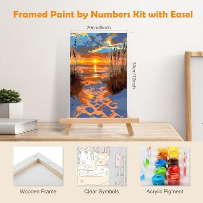 MOGTAA Landscape Paint by Numbers Kit for Adults Beginners with Frame, Beach Adult Paint by Number Kits on Canvas with Easel, Easy DIY Sunset Oil Painting Kits for Home Decor, 8x12in - Image 2