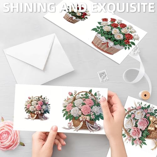 12 Pack Diamond Painting Greeting Cards Kit with Envelopes, 5D DIY Rose Bouquet Flower Basket Diamond Art Cards, Mothers Day Birthday Thank You Cards for Women Her Adults - Image 2