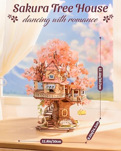 ROBOTIME DIY Miniature House Kits for Adults, 3D Wooden Puzzles for Teenager, Japanese Cherry Blossom Tree Sakura Bonsai Plants for Birthday Gifts and Hobbies (Sakura Tree House) - Image 2