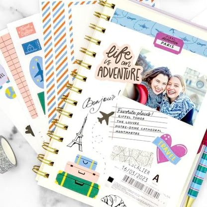 PAPERAGE Travel Journal Kit, Travel Notebook & Scrapbook Set, Hardcover Blank Spiral Notebook, 5 Sticker Sheets, 2 Photo Corners, 3 Washi Tapes & Black-Ink Gel Pen with Pen Holder - Navy - Image 5