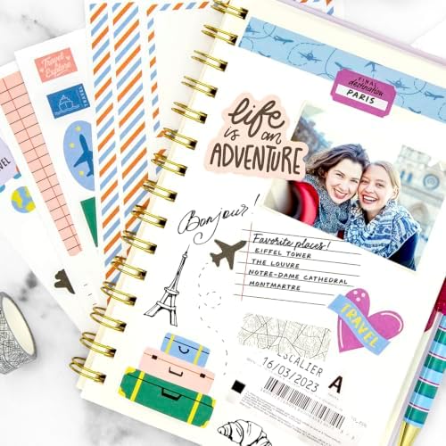 PAPERAGE Travel Journal Kit, Travel Notebook & Scrapbook Set, Hardcover Blank Spiral Notebook, 5 Sticker Sheets, 2 Photo Corners, 3 Washi Tapes & Black-Ink Gel Pen with Pen Holder - Lavender - Image 5