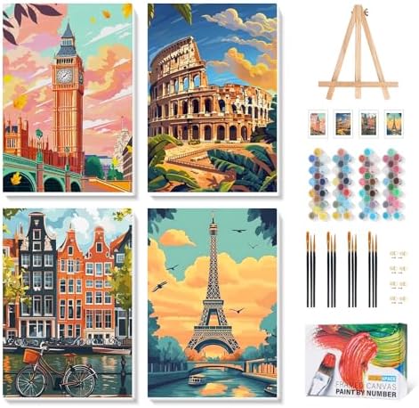 Camocin 4 Pack Framed Paint by Numbers Kit for Adults with Wooden Easel by CamocinDIYKit