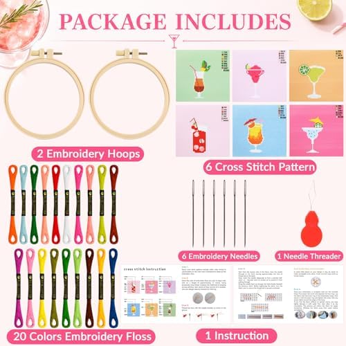 ZOIIWA 6PCS Goblet Embroidery Kit for Beginners Adults Summer Cross Sewing Kits DIY Starter Hand Embroidery Kit with Needlepoint Patterns Hoop Threads Needles Instructions Craft Gift for Home Decor - Image 2