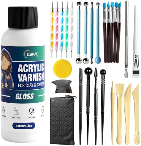 OSBANG Air Dry Clay Glaze and Tools Kit, 100ml Gloss Clear Varnish with 29-Piece Clay Sculpting Set, Protective Top Coat for Polymer Clay and Acrylic Paintings, for Crafting and DIY Projects by OSBANG