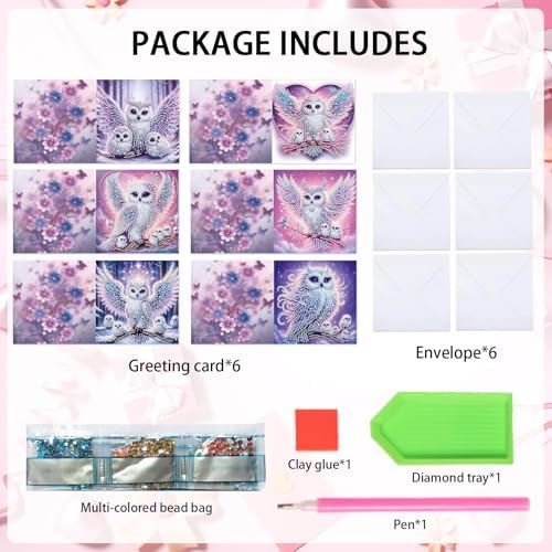 6 Pack Diamond Art Greeting Card Kits with Envelopes, Special Shaped Diamond Painting Cards, DIY Rhinestone Diamond Art Cards for Birthday Christmas Mother Day (Owl Mother and Owlet, 30x15cm) - Image 2
