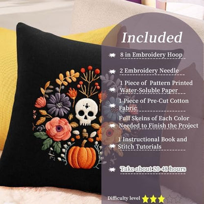 FONNUY Halloween Embroidery Kits for Beginners,Skull Pumpkin Spider Web Floral Stamped Cross Stitch Kit for Adults, Spooky Season Boho Wall Decor, 8'' Hoop (Skull 2) - Image 2