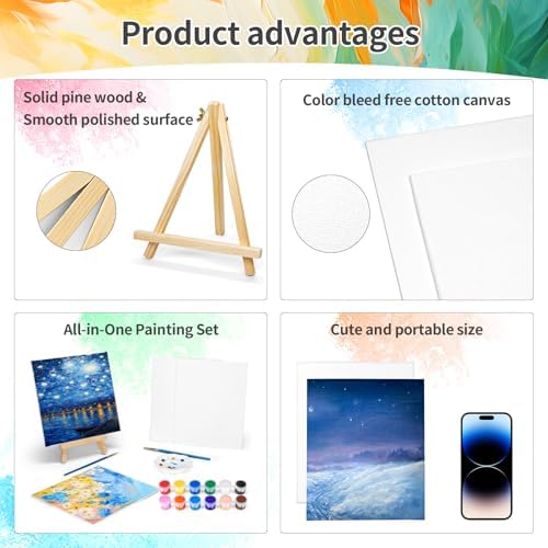 2 Pack 8 * 10In Canvas Boards for Painting, Art Canvas for Drawing with 4 Brushes & 2Paint Trays & 4 Acrylic Paint, Mini Painting Canvas with Easel Set, Painting Kits for Adults Party - Image 3
