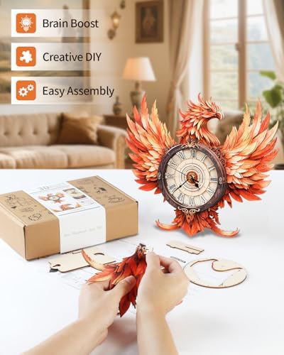 3D Puzzles for Adults-Wooden Fire Phoenix Clock Puzzle DIY Clock Model Kit - Image 4
