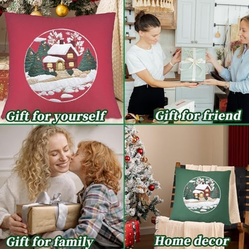 FONNUY Christmas Embroidery Kit for Beginners, Throw Pillow Case Cross Stitch Set Winter Snow House Holly Tree Pattern for Adults, Hand Works Crafts Throw Pillow Cover, 18 x 18'' (Green) - Image 3