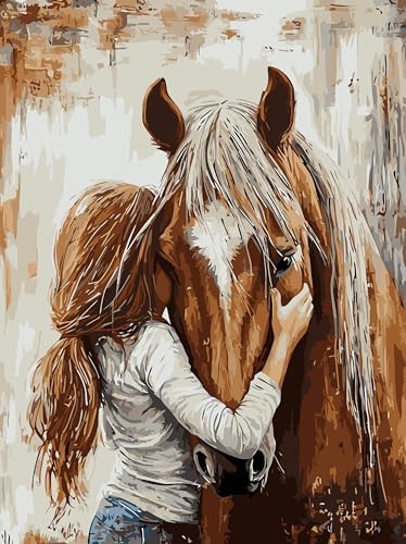 Girl Hugging Chestnut Horse Paint by Numbers Kit for Adults Beginner by YOLENIX
