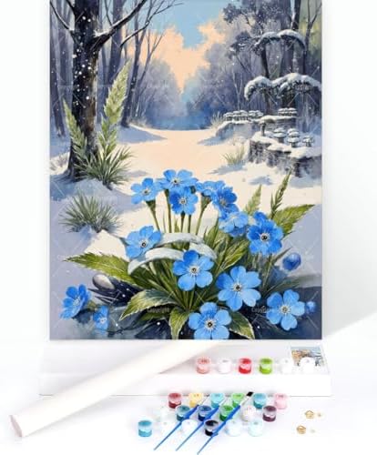 Winter Paint By Numbers Kit For Adults - Diy Blue Flowers Snowy Path Painting On Canvas 16X20 In, Acrylic Paint Set, Suitable For Beginners, Wall Art Decor Art For Home Decoration Or Gifts, Unframed - Image 3