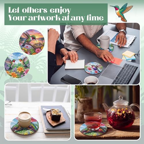 Reallnaive 45 Pcs Wooden Coasters Painting Set with Markers 4 Inch Boho Drink Coaster Gift Arts and Crafts DIY Kit for Adults, Women, Hobby, Ornament Home Apartment Decoration (Hummingbird) - Image 6