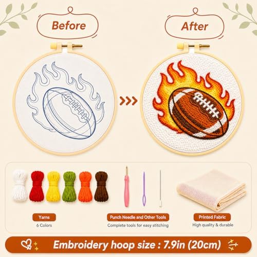 ZMYORAH American Football Punch Needle Kit for Beginners Adults, DIY Punch Needle Embroidery Starter Kit with Printed Fabric, Yarn, Needle & Hoop, Sports Handmade Craft for Home Decor & Gift 20x20cm - Image 4