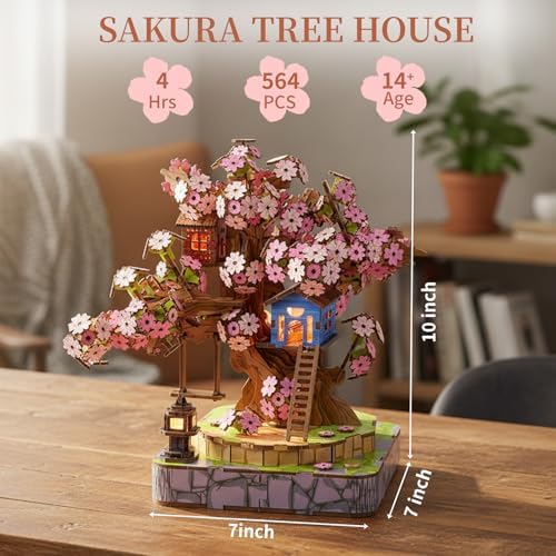 Sakura Tree House DIY Miniature House Kit for Adults, 564PCS 3D Wooden Puzzle with Light, Japanese Cherry Blossom Building Set, Wooden Craft Model Home Decor Gift - Image 6