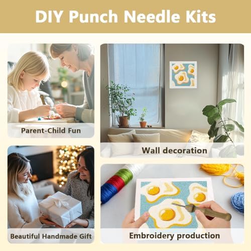 DOODLREAM Fried Egg DIY Punch Needle Embroidery Kit for Adult Beginner, 9.4" Playful Food Punch Stitching Craft Set for Starter with Frame, Fabric Pattern, Threader, Yarn, Punch Needle - Image 4