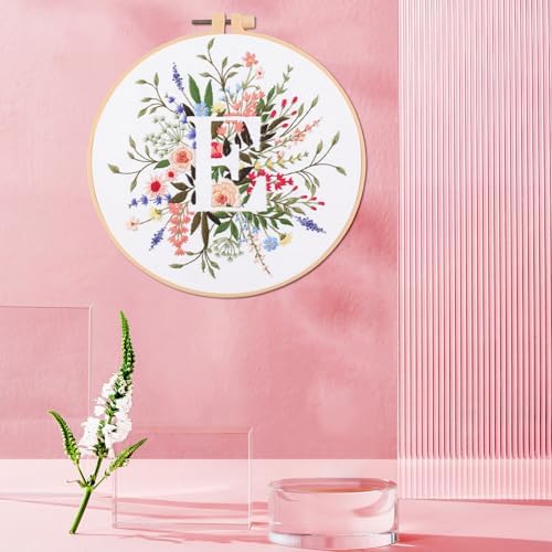IUHUI Embroidery Kit for Beginners Adults - 26 Floral Letters Easy Patterns, DIY Hand Stitching Embroidery Set with Hoop (Flower and Grass Letter E) - Image 2