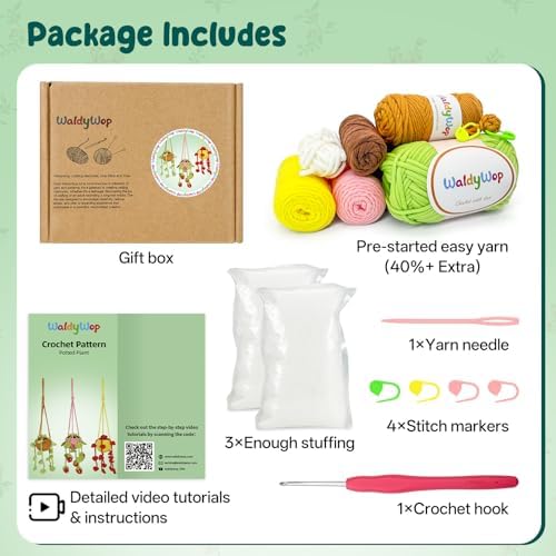 WaldyWop Crochet Kit for Beginners: 3 PCS Hanging Potted Crochet Plants Kits for Adults Kids 8-12 - Easy Video Tutorials & Printed Instructions & 40% Extra Yarn - DIY Birthday Gift Set for Girls Women - Image 2