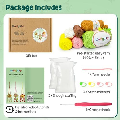 WaldyWop Crochet Kit for Beginners: 3 PCS Hanging Potted Crochet Plants Kits for Adults Kids 8-12 - Easy Video Tutorials & Printed Instructions & 40% Extra Yarn - DIY Birthday Gift Set for Girls Women - Image 2