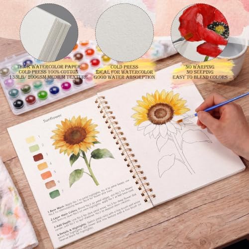 Landhoow Flower Watercolor Workbooks, Water Coloring Book for Adult Beginners 14 Floral Designs Friendly Painting Arts Crafts Exploration Gifts for Birthday Back to School - Image 2