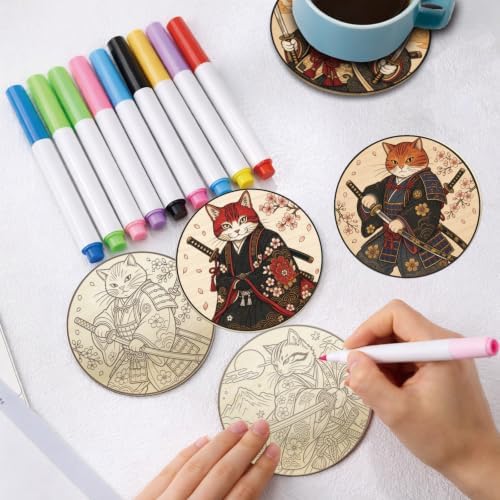 26PCS Wood Coasters Craft Kit 10 Paint You Own Coaster with 16 Pens Wooden Coaster Painting Set Coasters for Drinks Samurai Cat Painting Crafts Art Supplies (Samurai Cat) - Image 4