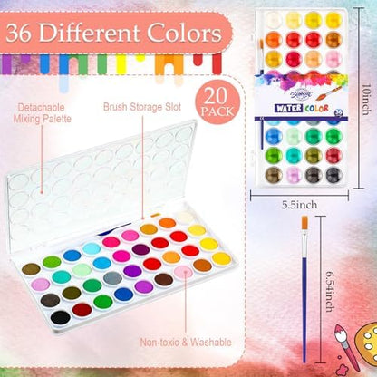 Nuanchu Gifts Bulk Watercolor Paint Washable Watercolor Paint Kits Palette and Brushes Portable Water Color Supplies for Adults, Beginners Artists Graduation Gift(20 Pack,36 Colors) - Image 2